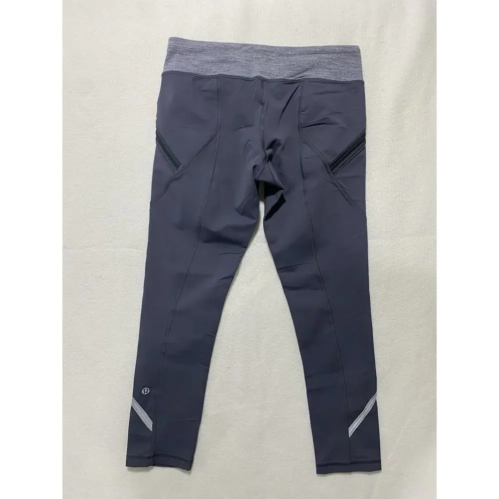 Lululemon Gray Running Capri Leggings Size 6 | Zip Pockets & Reflective Trim